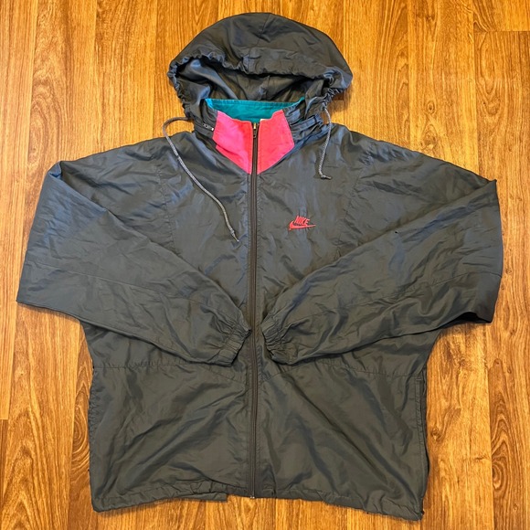 Vintage Nike Windbreaker Jacket Adult Lg Grey Full Zip Hooded Colorblock